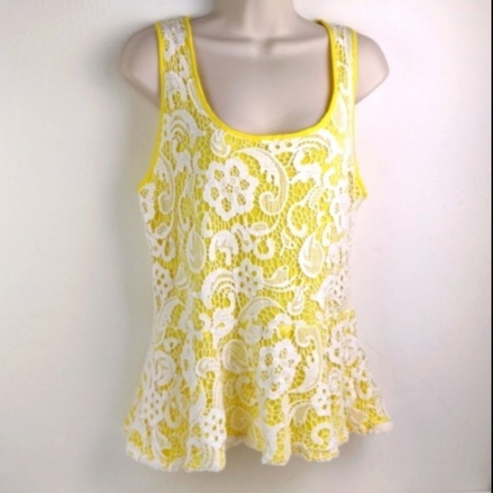 Meadow Rue Anthropologie Amilia Style Yellow Lace Halo Peplum Top SZ M